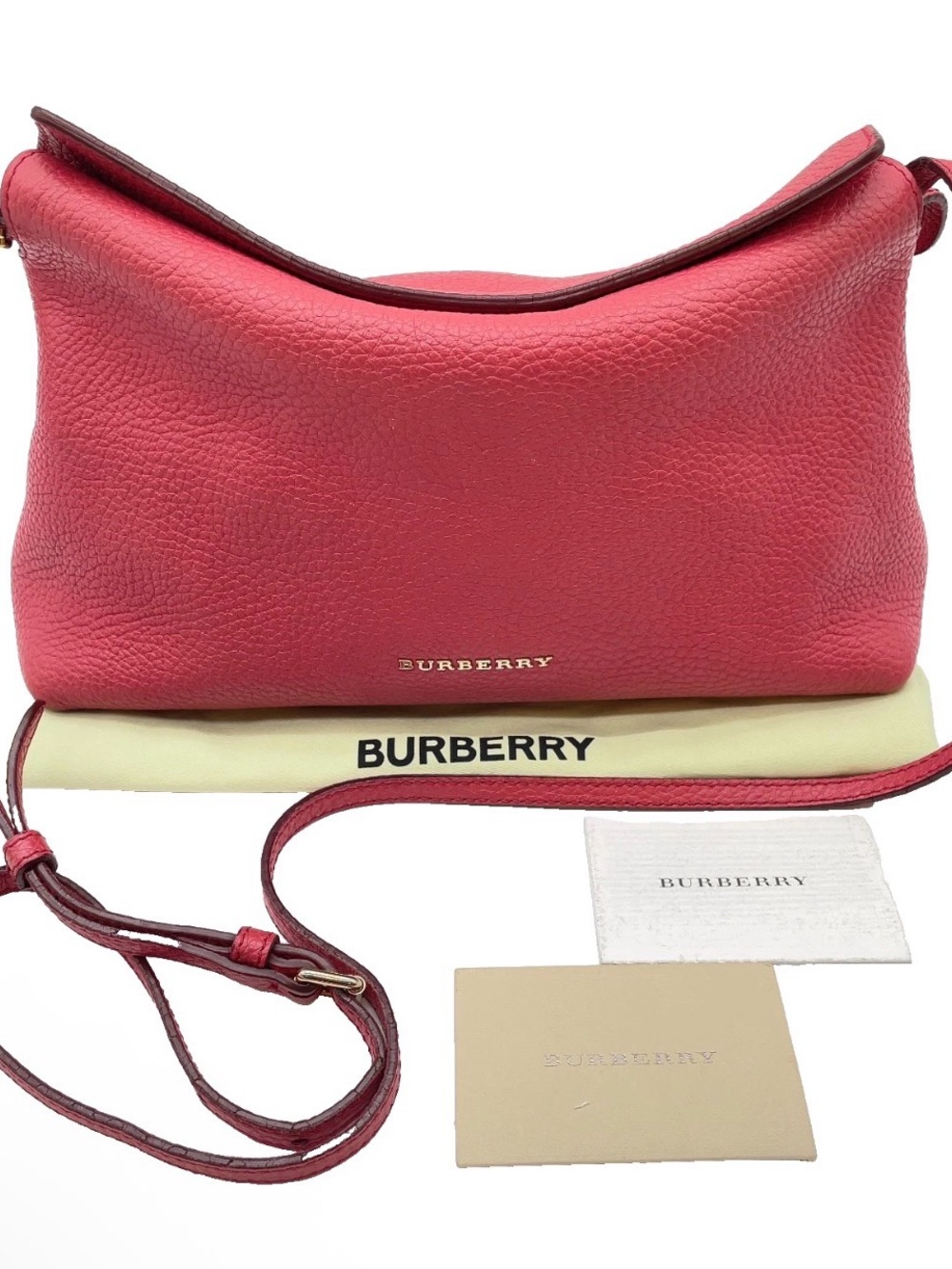 Burberry Pebble Leather Crossbody Bag in Raspberry Pink with Gold Logo